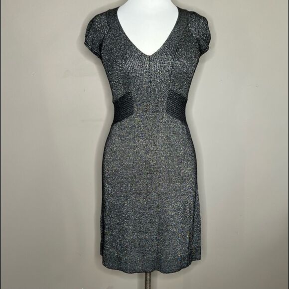 Kenar women’s Metallic Stretch Knit V-Neck A-Line Dress Black Silver Shimmer - Picture 2 of 6
